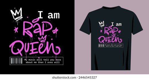 Retro urban style grunge drawing with cool slogan text. Graffiti tagging of Rap queen. Vector illustration design for fashion graphics, t shirt prints. Nostalgia for 1980s and 1990s - Vector artwork.