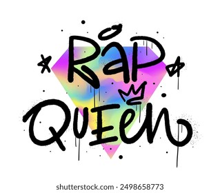 Retro urban style grunge drawing. Graffiti tagging of Rap queen. Every element is isolated. Editable unisex design print for clothes, hoodies, tee graphic shirt. Nostalgia for 1980s and 1990s.