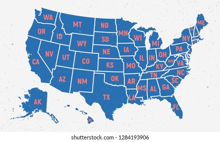 Retro USA Map Poster In Trendy Colors And Grunge Texture .United States Of America Map With Short State Names. Vintage USA Map. Vector Illustration