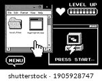 Retro user interface in bitmap pixel art style. A vintage computer screen with programs and dialog boxes in the mood of 90's vaporwave aesthetics.