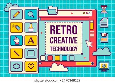 Retro user interface of creative app. Desktop pc elements with window box and folders. Fun technology illustration. Trendy retrowave pixel art style. Nostalgia for 80's -90's