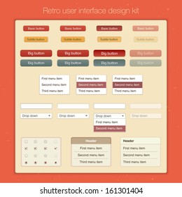 Retro user interface design kit. Basic ui controls website template. Vector background. 