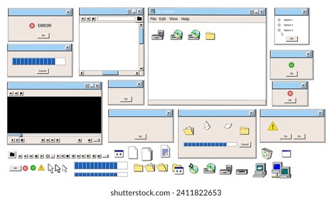 Retro User Interface Elemente im Stil der 90er Jahre. 90er-Jahre-Retro-Elemente der Benutzeroberfläche. 