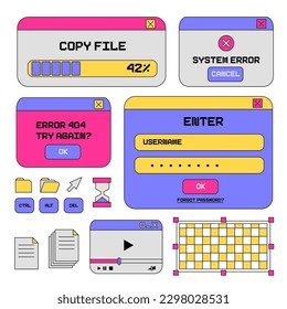 Retro-Benutzeroberflächen-Elemente eingestellt - Tabs, Schaltflächen, Fenster, Ordner. Vintage Computer Vaporwave Desktop der Website-Programmierung Sammlung. Konturvektorgrafik.