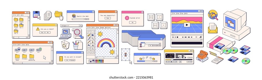 Retro user interface elements in vaporwave aesthetic, 90s, 00s style. Old UI design of dialogue window, system computer message. Colored flat graphic vector illustrations isolated on white background