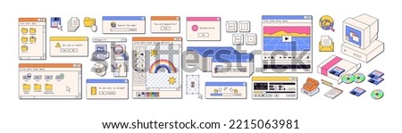 Retro user interface elements in vaporwave aesthetic, 90s, 00s style. Old UI design of dialogue window, system computer message. Colored flat graphic vector illustrations isolated on white background