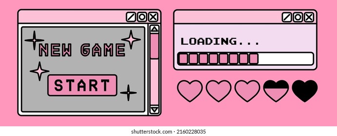 Retro user interface elements: window boxes and tabs on a pink background. Trendy stylish vector set for UI and UX design.