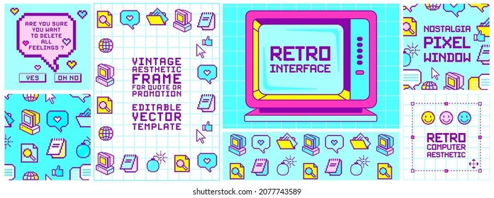 Retro user interface frames for quotes or promotion, banners, social media post templates. Vibrant color desktop computer elements, windows boxes. Nostalgia for 90