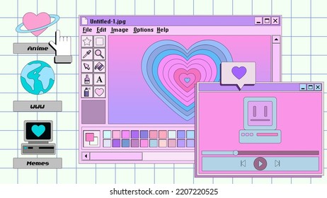 Retro user interface with graphic editor window box and icons. Y2K style collage in pastel pink, blue and violet colors.