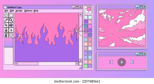 Retro user interface with graphic editor window box and icons. Y2K style collage in pastel pink, blue and violet colors.