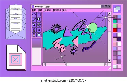 Retro user interface with graphic editor window box and icons. Y2K style collage in pastel pink, blue and violet colors.