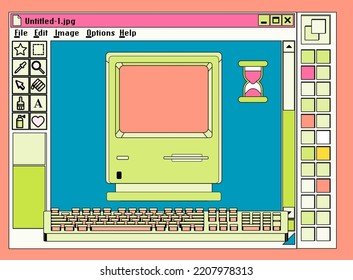 Retro user interface with graphic editor window box and icons. Y2K style collage in pastel colors.