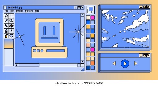 Retro user interface with graphic editor window box and icons. Y2K style collage in pastel colors.