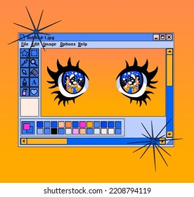 Retro user interface with graphic editor window and image of anime eyes. Vaporwave style illustration.