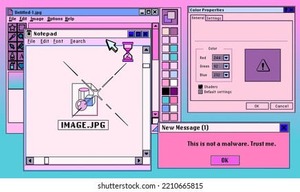 Retro user interface with graphic editor window box. Vaporwave retrofuturistic style collage in pastel colors.