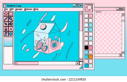 Retro user interface with graphic editor window box. Vaporwave retrofuturistic style collage in pastel colors.