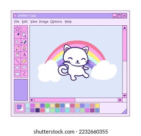 Retro user interface with graphic editor. Illustration digital paint cute cat and rainbow