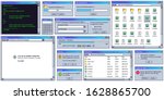 Retro user interface. Retro UI copying, downloading box. Warning message window. Old internet browser, terminal and music player vector set. vintage computer software control screen panels and dialogs