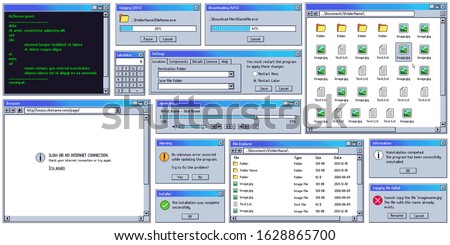 Retro user interface. Retro UI copying, downloading box. Warning message window. Old internet browser, terminal and music player vector set. vintage computer software control screen panels and dialogs