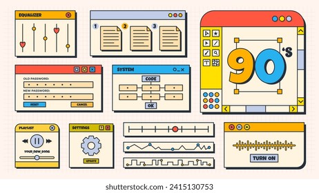 Elementos de la ventana de la interfaz de usuario retro. Nostalgia moderna Ventanas de computadoras antiguas. Pantalla antigua del equipo. Ventanas vectoriales de vaporwave retro. Estilo Y2K.