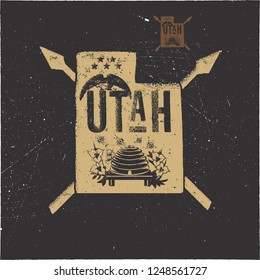 Retro Utah poster with local symbols. USA state badge isolated on distressed background. Perfect for t-shirt, patch, prints. Stock vector illustration isolated on white background.