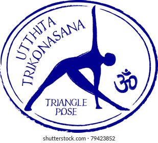 Retro Utthita Trikonasana Triangle Yoga Pose in Passport Stamp Style Vector Illustration