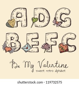 retro Valentine alphabet - a, b, c, d, e, f, g