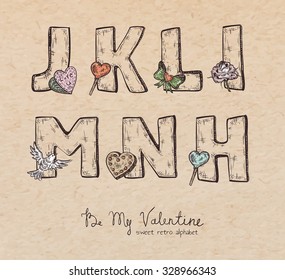 Retro Valentine alphabet - j, k, l, i, m, n, h - vintage letters on realistic cardboard paper background, with symbols of holiday, decorative artistic elements