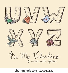 retro Valentine alphabet - u, v, w, x, y, z