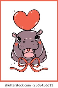 Retro Valentine Baby Pygmy Hippo Retro with red bow Hand Drawn Cartoon Character 