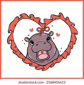 Retro Valentine Baby Pygmy Hippo in red coquette Heart Frame Hand Drawn Cartoon Character 