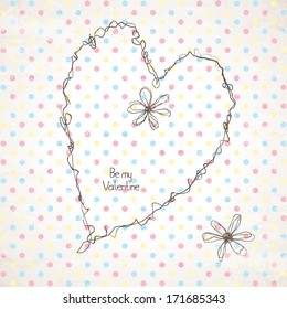 Retro valentine background with hand drawn heart and flowers