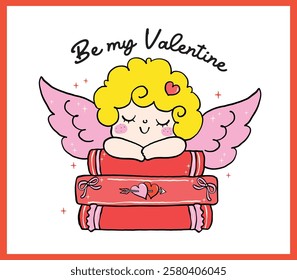 Retro Valentine Bookish Cupid with Book Whimsical Bold Lined Hand Drawn