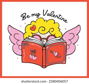 Retro Valentine Bookish Cupid Reading Book Whimsical Bold Lined Hand Drawn