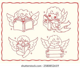 Retro Valentine Bookish Cupid Reading Book Set with Wavy Squiggle Outline in a Whimsical Hand Drawn Cartoon Style