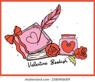 Retro Valentine Bookish Quill and Ink bottle on Book Whimsical Bold Hand Drawn