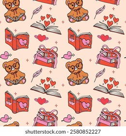 Retro Valentine Bookish Seamless Pattern Teddy Reading isolated on Background
