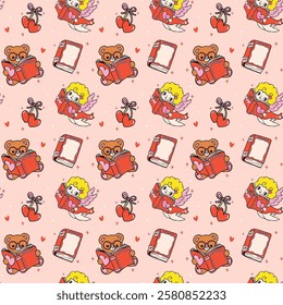 Retro Valentine Bookish Seamless Pattern Cupid Reading isolated on Background