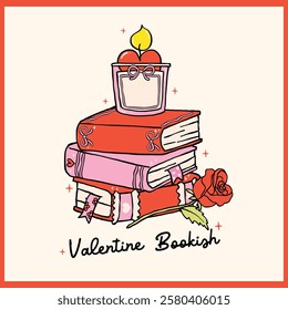 Retro Valentine Bookish Stack Book Love Whimsical Bold Lined Hand Drawn