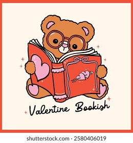 Retro Valentine Bookish Teddy Bear Reading Book Whimsical Bold Lined Hand Drawn