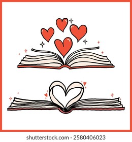 Retro Valentine Bookish Vibrant Open Book Heart Shaped Whimsical Bold Hand Drawn set