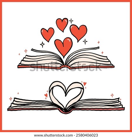 Retro Valentine Bookish Vibrant Open Book Heart Shaped Whimsical Bold Hand Drawn set