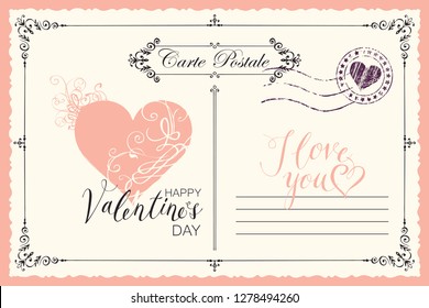 Retro valentine card in form of postcard with pink heart and postmark. Romantic vector card in vintage style with place for text, calligraphic inscription I love you and words Happy Valentine's day