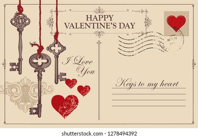Retro valentine card in form of postcard with keys, keyhole and red hearts. Romantic vector card in vintage style with place for text and with calligraphic inscriptions I love you and Keys to my heart