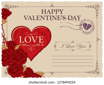 Retro valentine card or postcard with red heart and roses. Romantic vector card in vintage style with place for text, calligraphic inscription I love you and words Happy Valentine's day