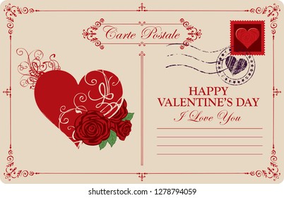 Retro valentine card or postcard with red heart and roses. Romantic vector card in vintage style with place for text, calligraphic inscription I love you and words Happy Valentine's day