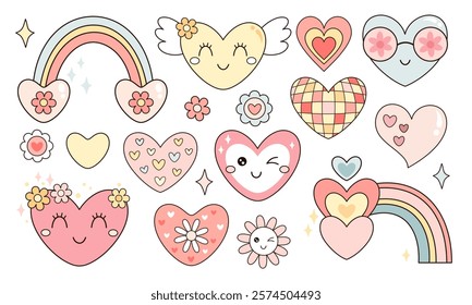 Retro Valentine clipart. Groovy Valentines day clipart. Valentine hearts, rainbow, flowers in cartoon flat style. Hand draw vector illustration