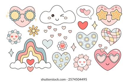 Retro Valentine clipart. Groovy Valentines day clipart. Valentine hearts, rainbow, flowers in cartoon flat style. Hand draw vector illustration