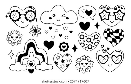 Retro Valentine clipart. Groovy Valentines day doodle. Black and white Valentine hearts, rainbow, flowers in cartoon flat style. Hand draw vector illustration