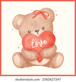 Coquette retrô Teddy Bear Hug Red Heart em aquarela pintado à mão